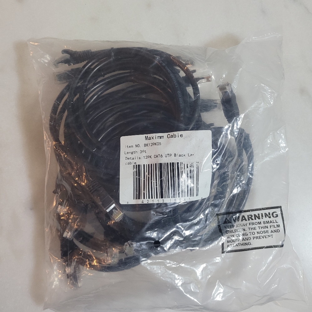Maximm Cat 6 Ethernet Cable, 3 Ft, Black, 12 Pack